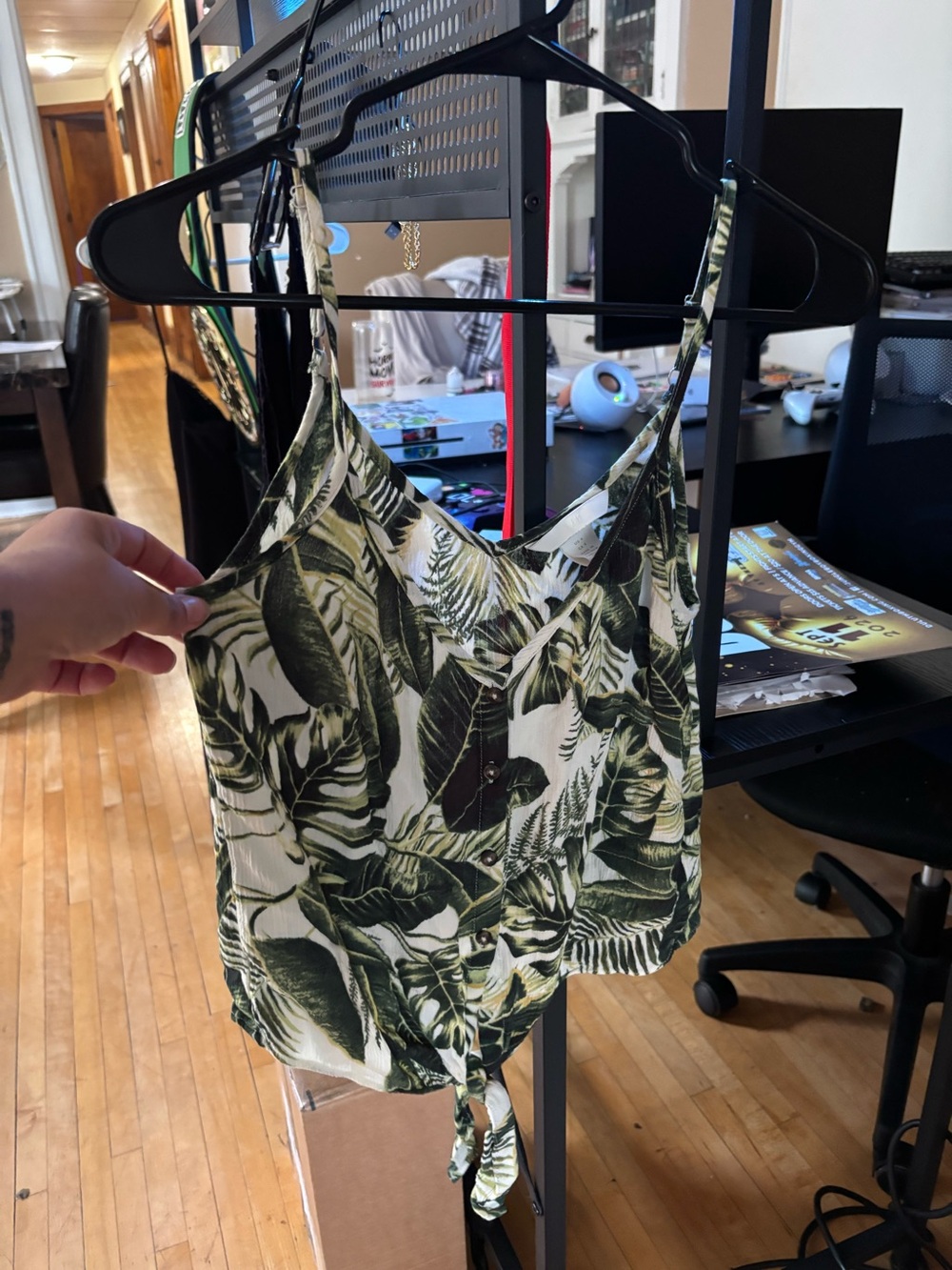 H&M Olive Green Leaf Print Tie-Front Cami Top